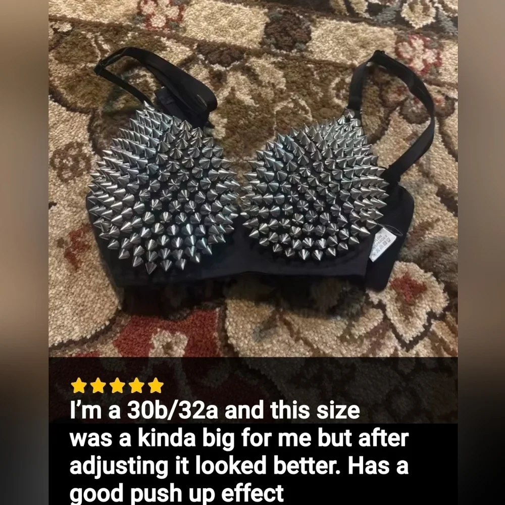 SEXY Edgy Black & Silver STUDDED Spiked Bra S-XXL - Picture 8 of 12